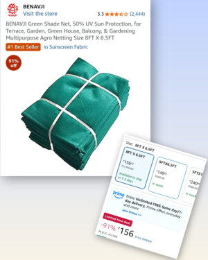 BENAVJI Green Shade Net, 50% UV Sun Protection, for Terrace, Garden, Green House, Balcony, & Gardening Multipurpose Agro Netting Size 8FT X 6.5FT